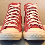 2017 Red Stonewashed High Top Chucks  Front view of red 2017 stonewashed canvas high tops.